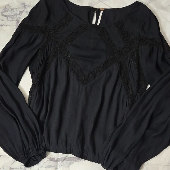 Free People Black Blouse with Lace Detail - Picture 3 of 6